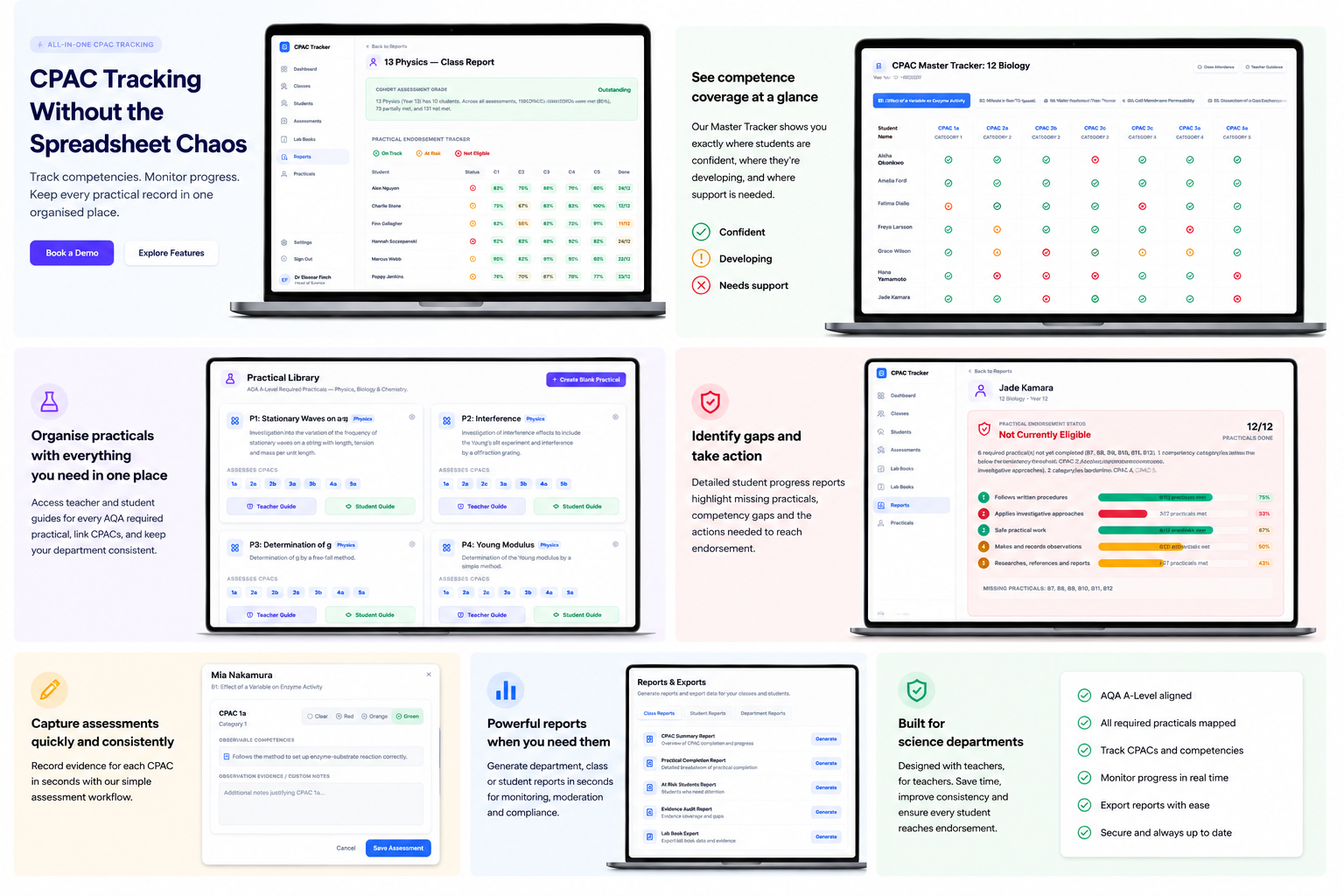 CPAC Tracker features overview — tracker, reports, lab books, practicals and assessments